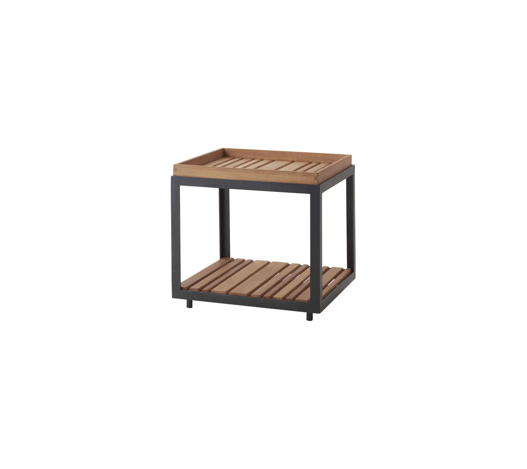Table d'appoint en bois avec plateau à lattes et une étagère inférieure, dotée d'un cadre robuste pour un rangement et une présentation polyvalents.