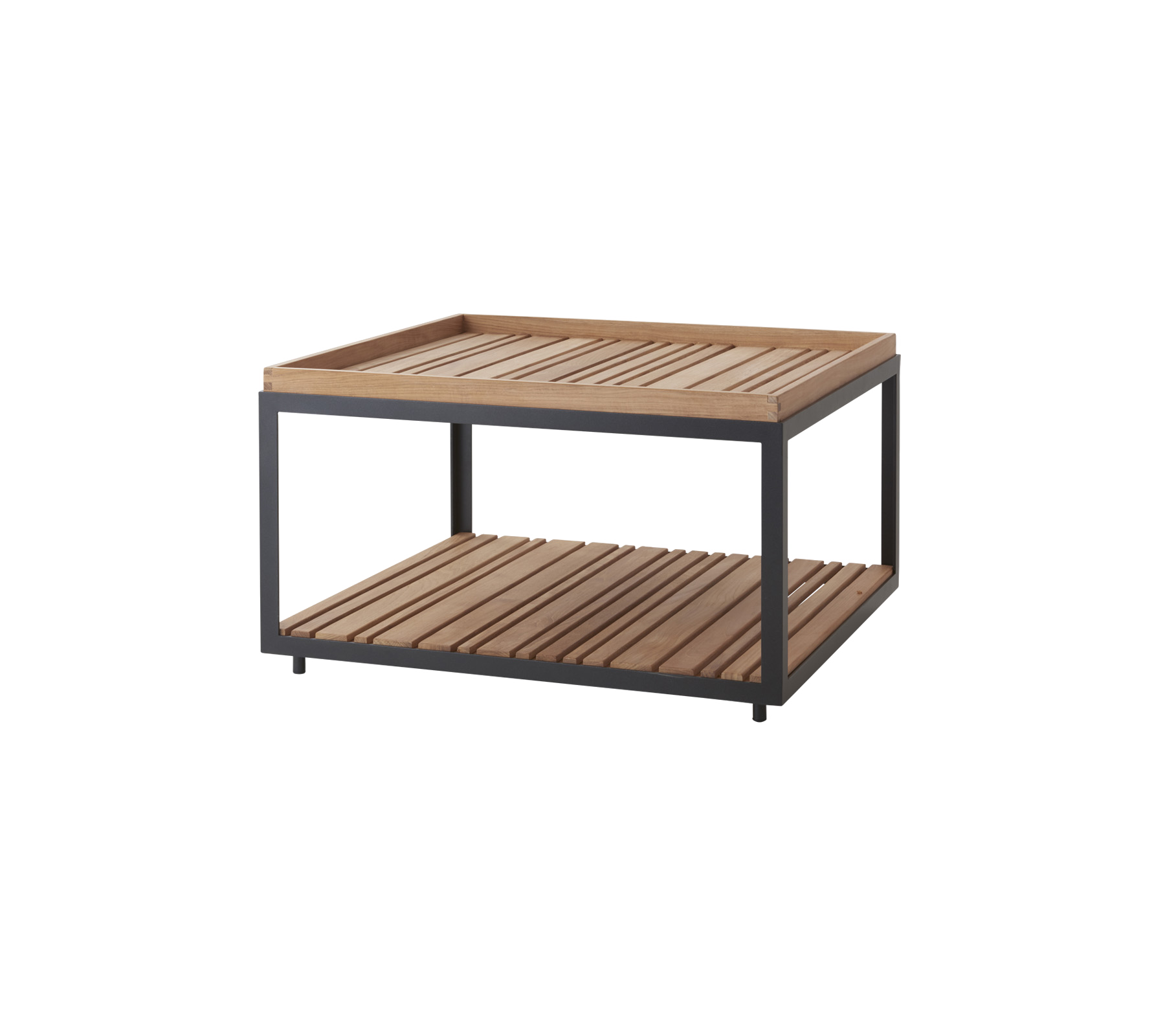 Table en bois à lamelles au design moderne avec un cadre en métal, dotée d'une étagère ouverte pour un espace de stockage ou d'exposition supplémentaire.