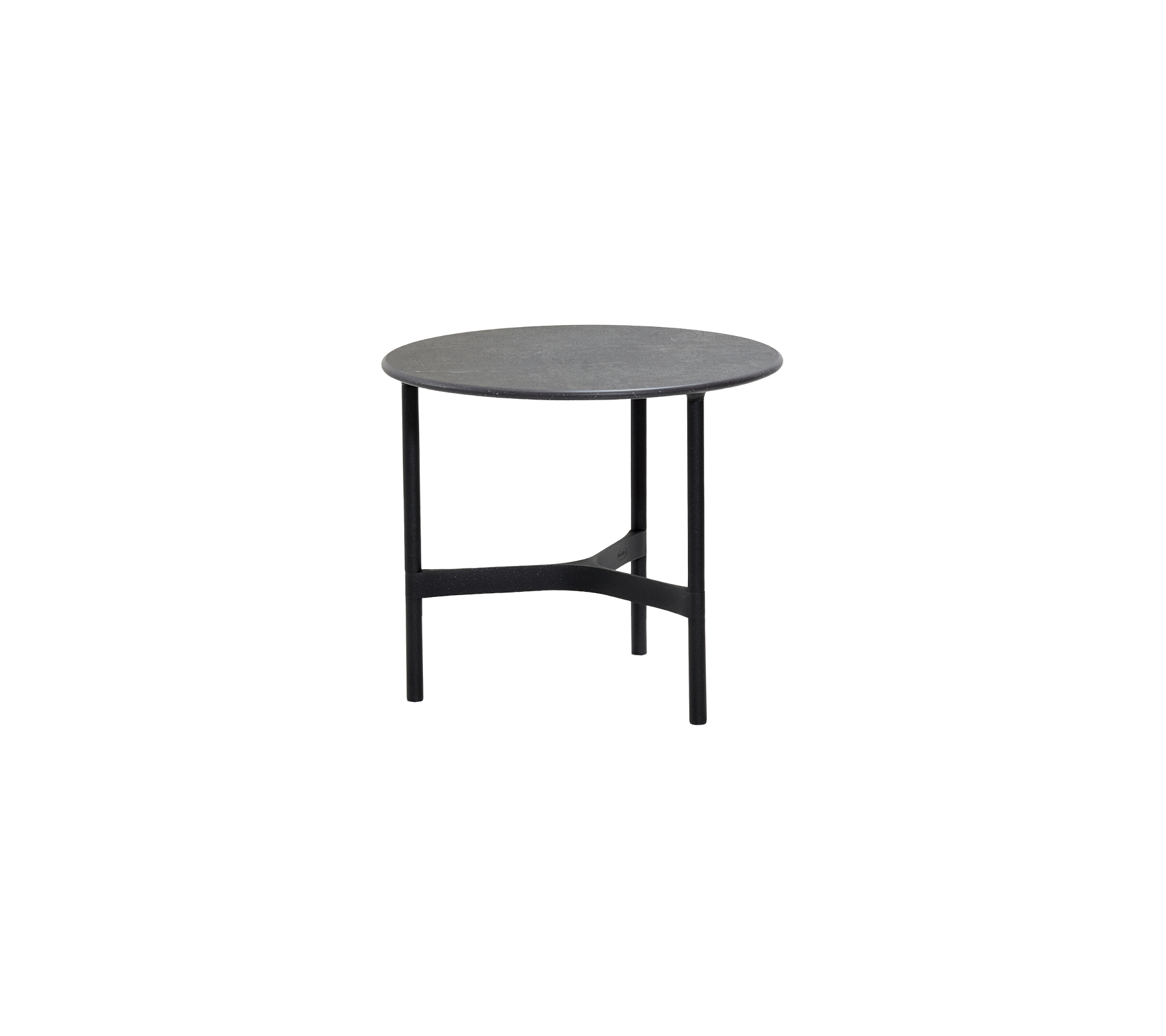 Table ronde avec un plateau gris et des pieds noirs robustes, conçue pour une utilisation polyvalente dans divers contextes.