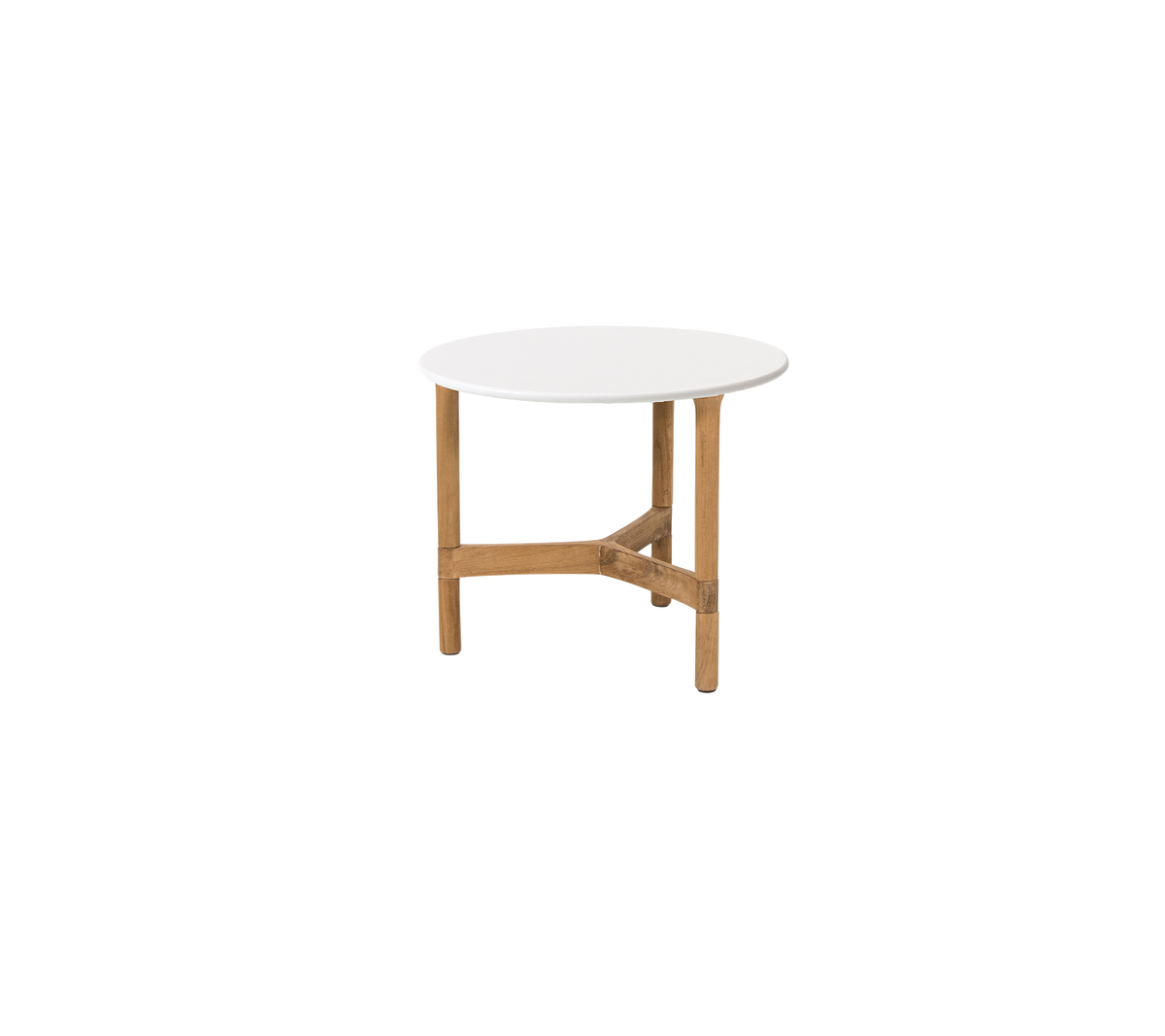 Table ronde avec une surface blanche et des pieds en bois, dotée d'une barre transversale solide pour le soutien. Idéale pour divers environnements.