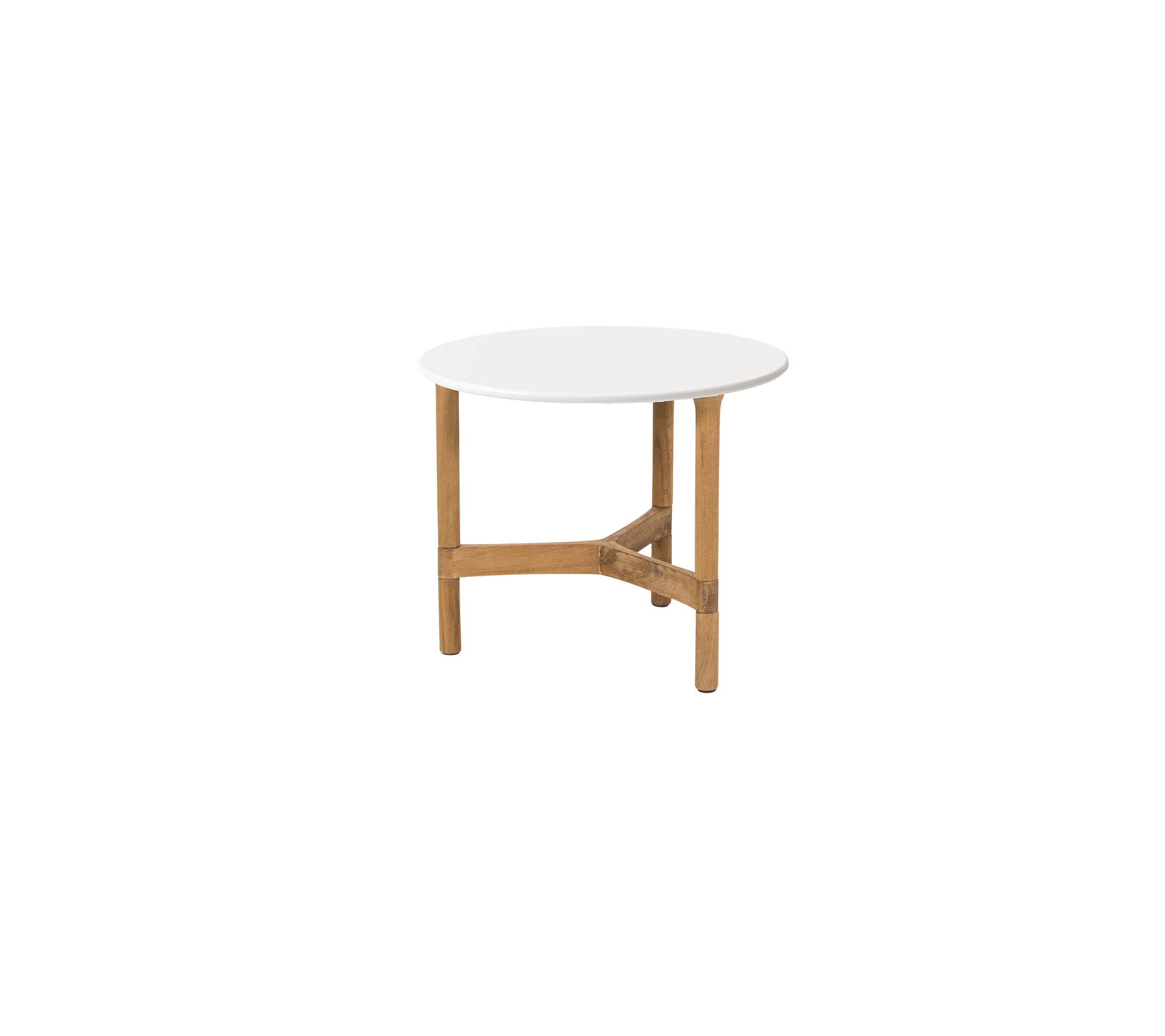 Table ronde avec une surface blanche et des pieds en bois, dotée d'une barre transversale solide pour le soutien. Idéale pour divers environnements.