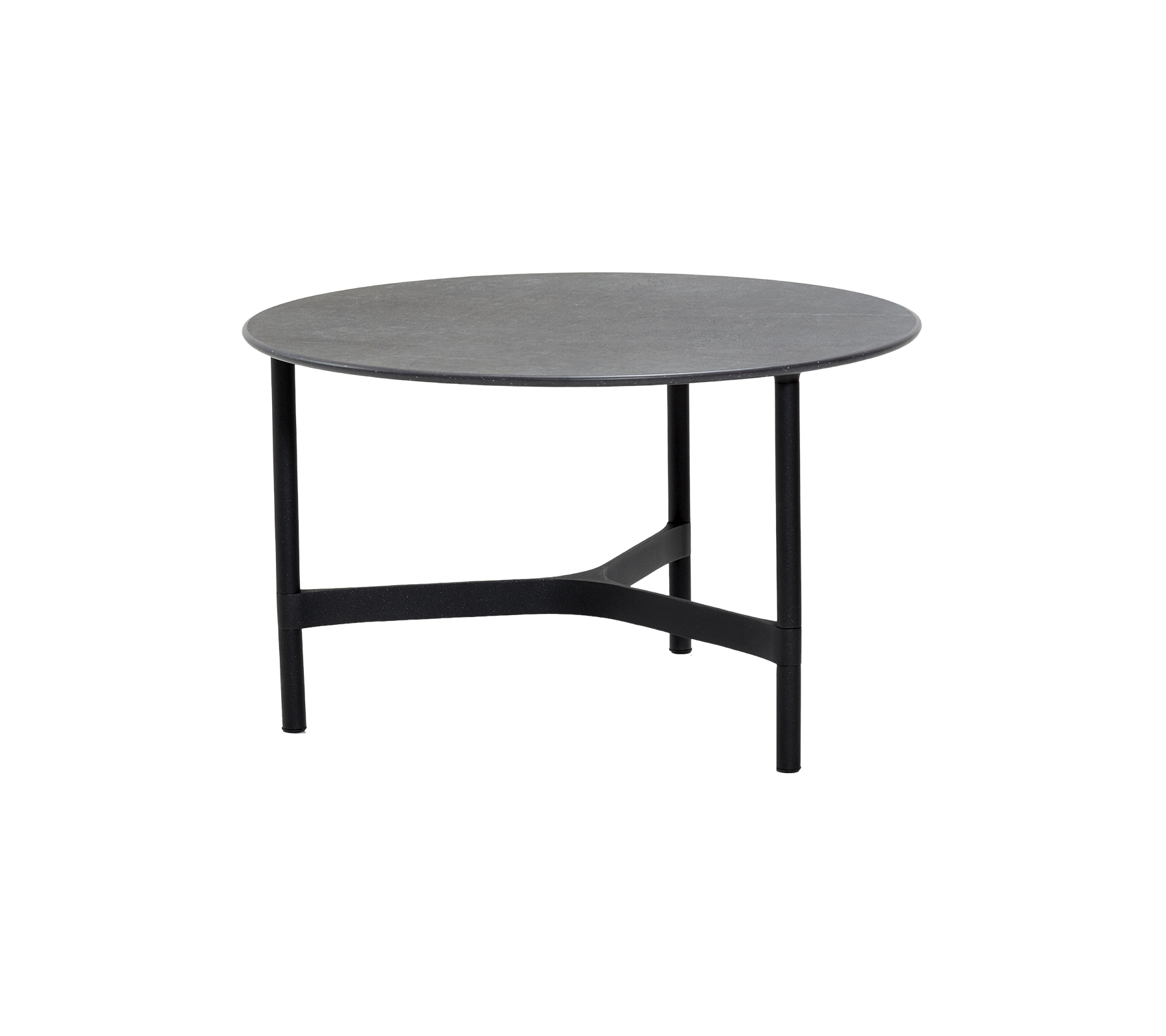 Table ronde avec un dessus gris élégant et un cadre noir robuste, parfaite pour des espaces de vie modernes et des réunions décontractées.