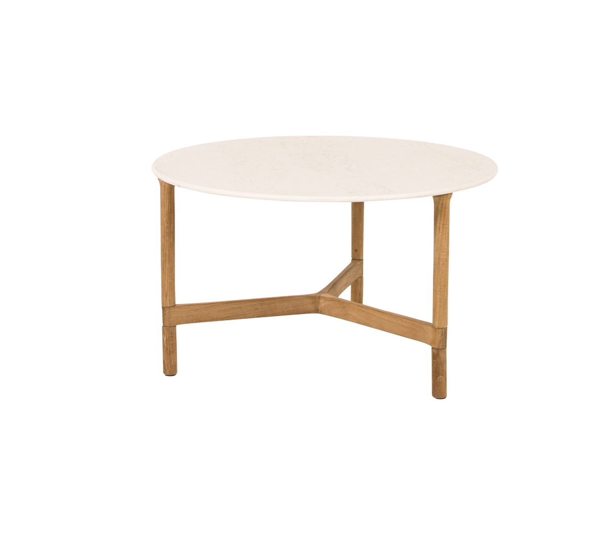Table basse ronde avec un dessus blanc lisse et des pieds en bois clair, présentant un design moderne et minimaliste.