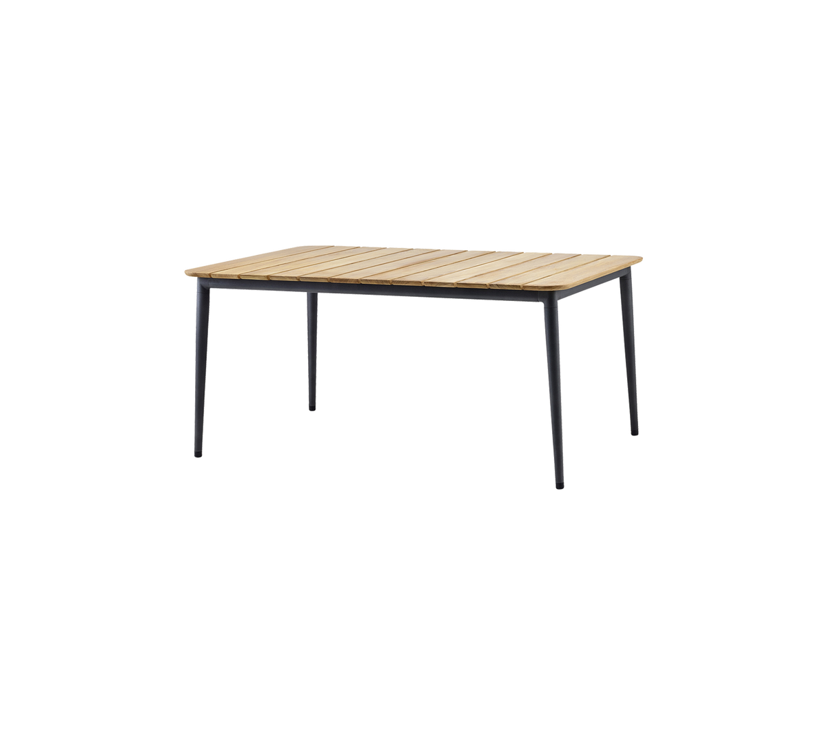 Table rectangulaire avec un plateau en bois à lattes et des pieds noirs élégants, adaptée à divers environnements.