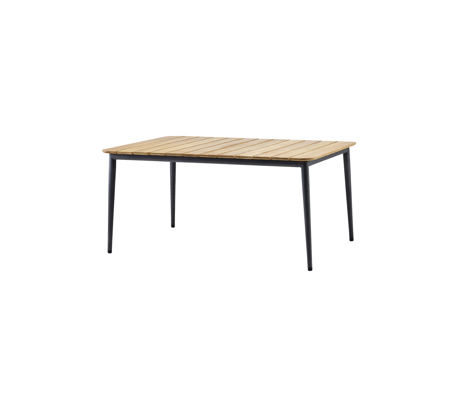 Table rectangulaire avec un plateau en bois à lattes et des pieds noirs élégants, adaptée à divers environnements.