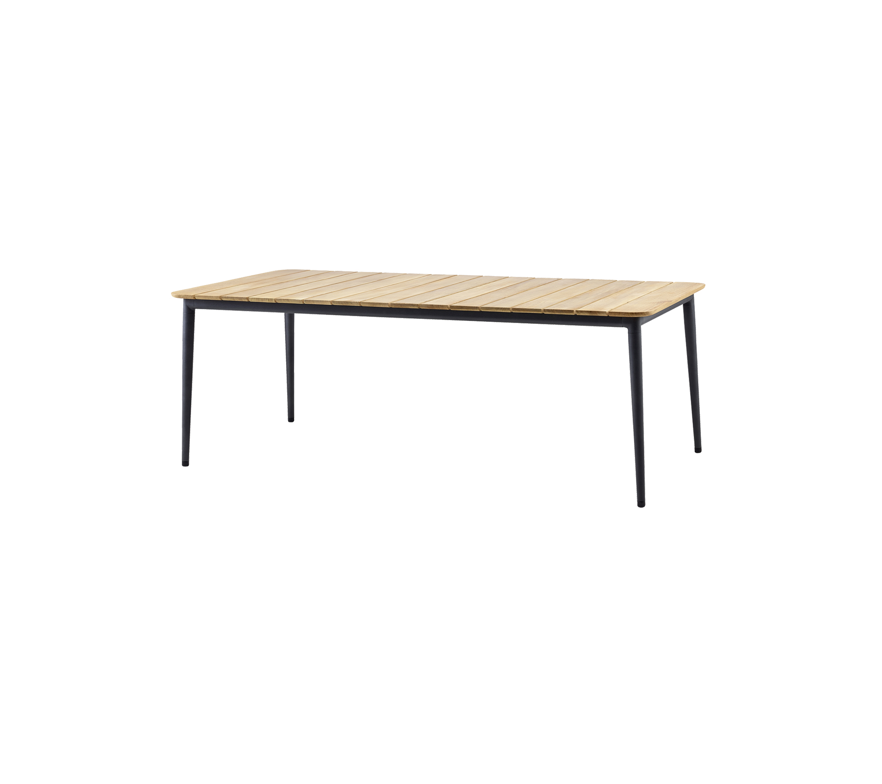 Table élégante avec un plateau en lattes de bois et des jambes noires épurées, parfaite pour divers usages et ambiances.