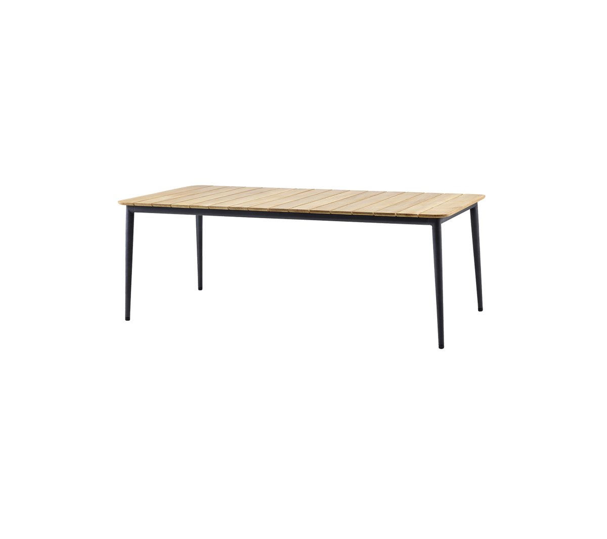 Table élégante avec un plateau en lattes de bois et des jambes noires épurées, parfaite pour divers usages et ambiances.