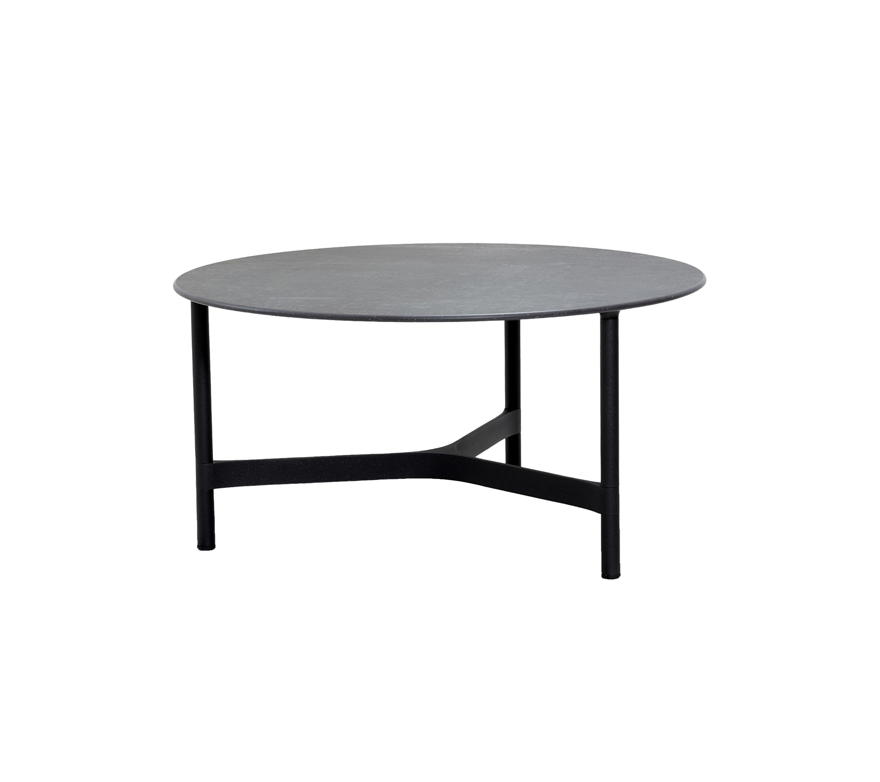 Table ronde avec une surface grise, soutenue par un cadre noir épuré au design minimaliste. Idéal pour une décoration moderne.