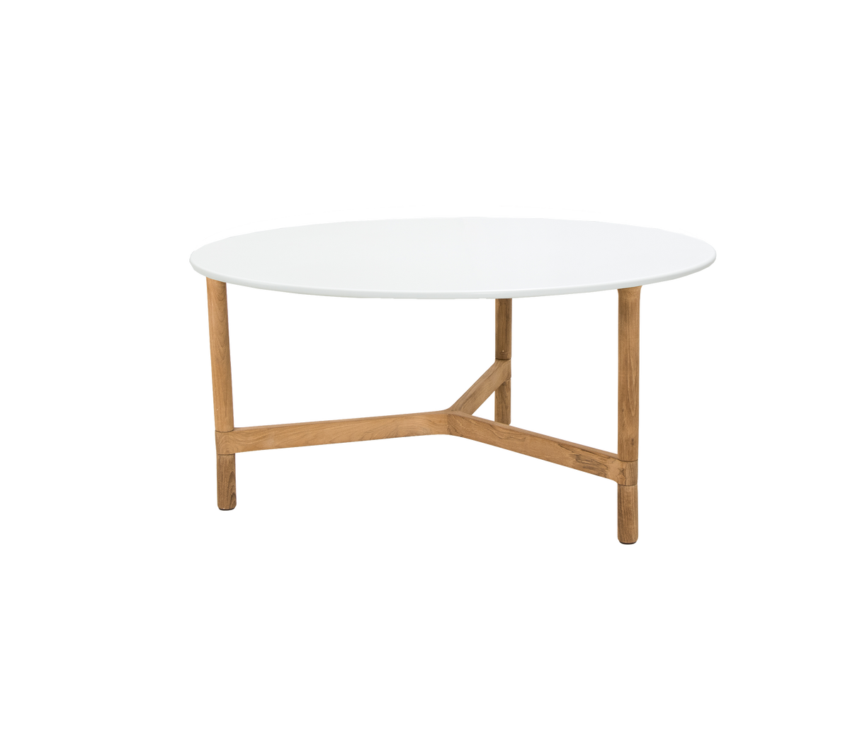 Une table basse ronde avec un dessus blanc élégant, soutenue par des pieds en bois robustes avec un design croisé unique.