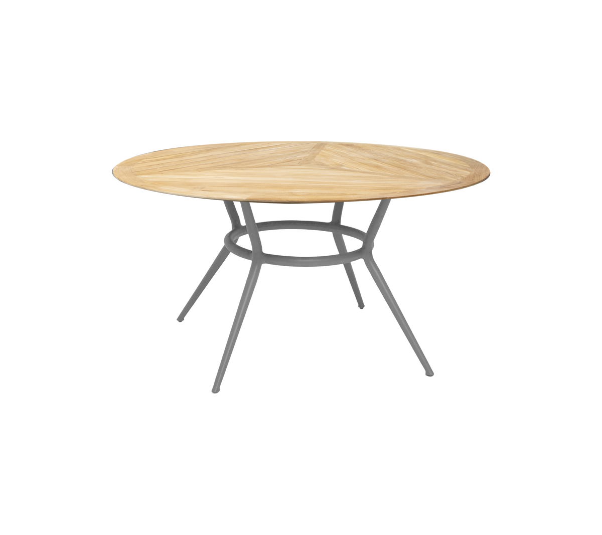 Table ronde en bois avec une finition naturelle et une base métallique moderne et élégante dotée de trois pieds inclinés. Idéale pour divers environnements.