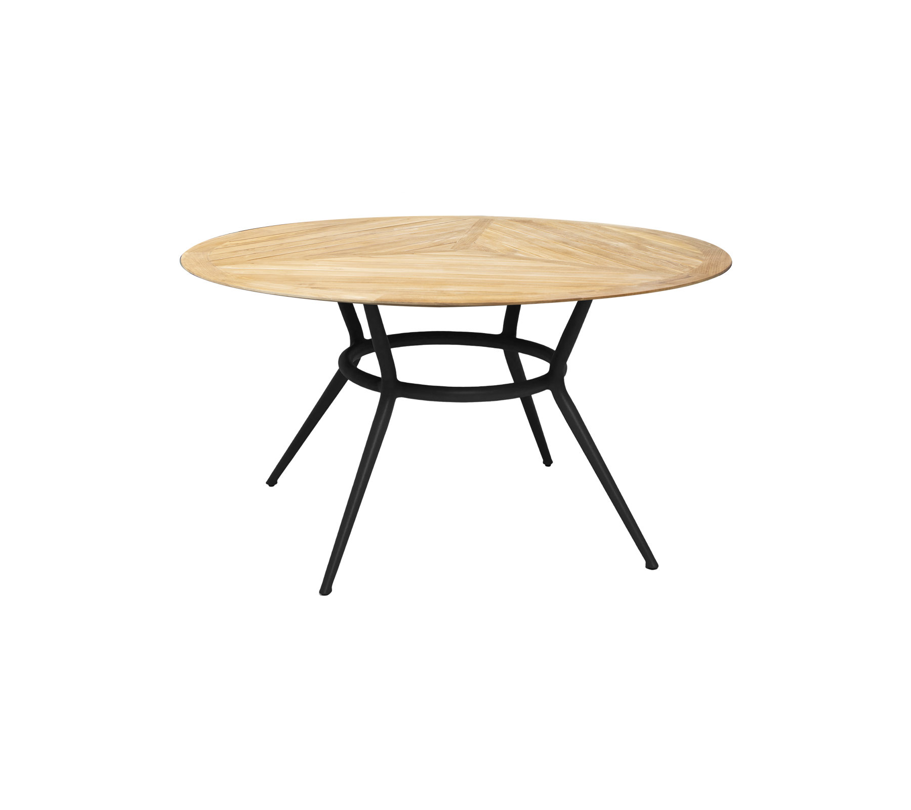 Table ronde en bois avec une finition en bois clair et une base en métal noir, présentant un design épuré et moderne.