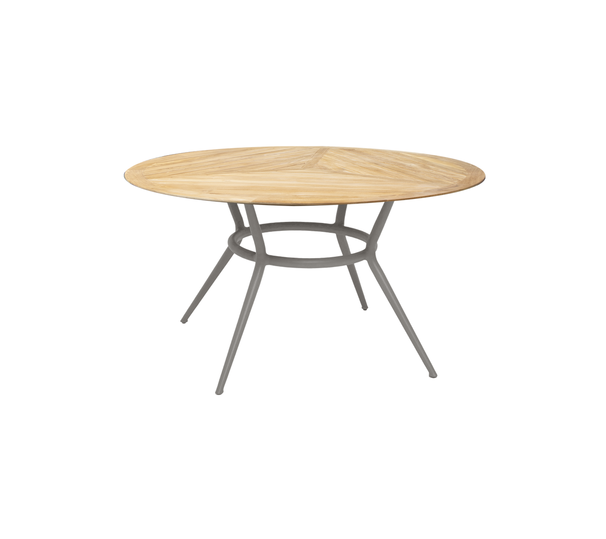 Table ronde en bois avec une finition en bois clair et des pieds gris robustes, offrant un design moderne et élégant pour divers environnements.