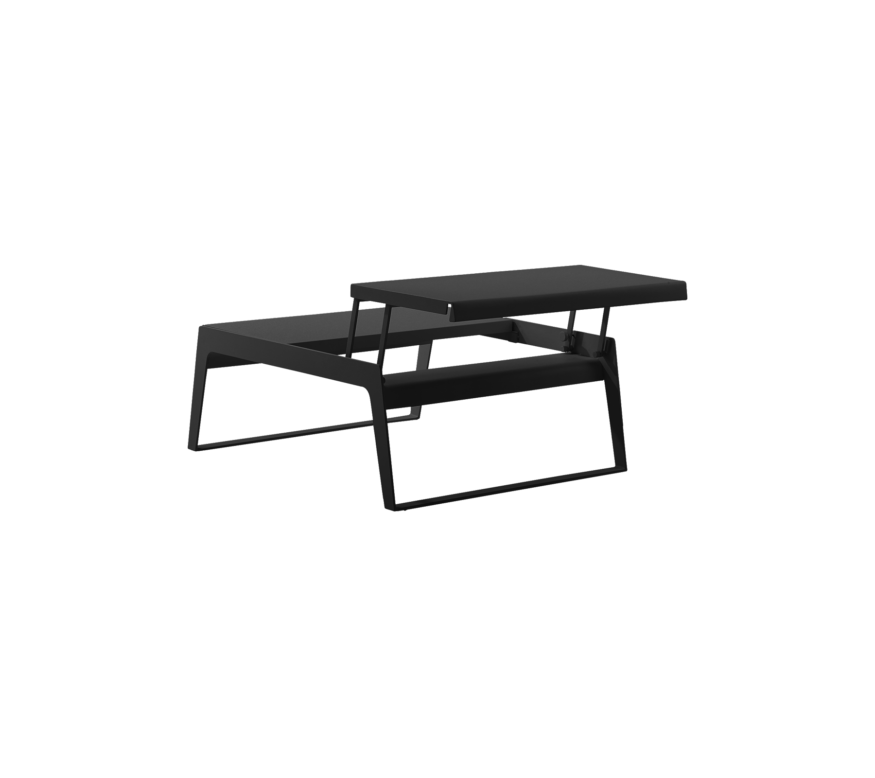 Table basse noire moderne au design épuré et minimaliste, avec un plateau en couches et un cadre robuste. Idéale pour des espaces contemporains.