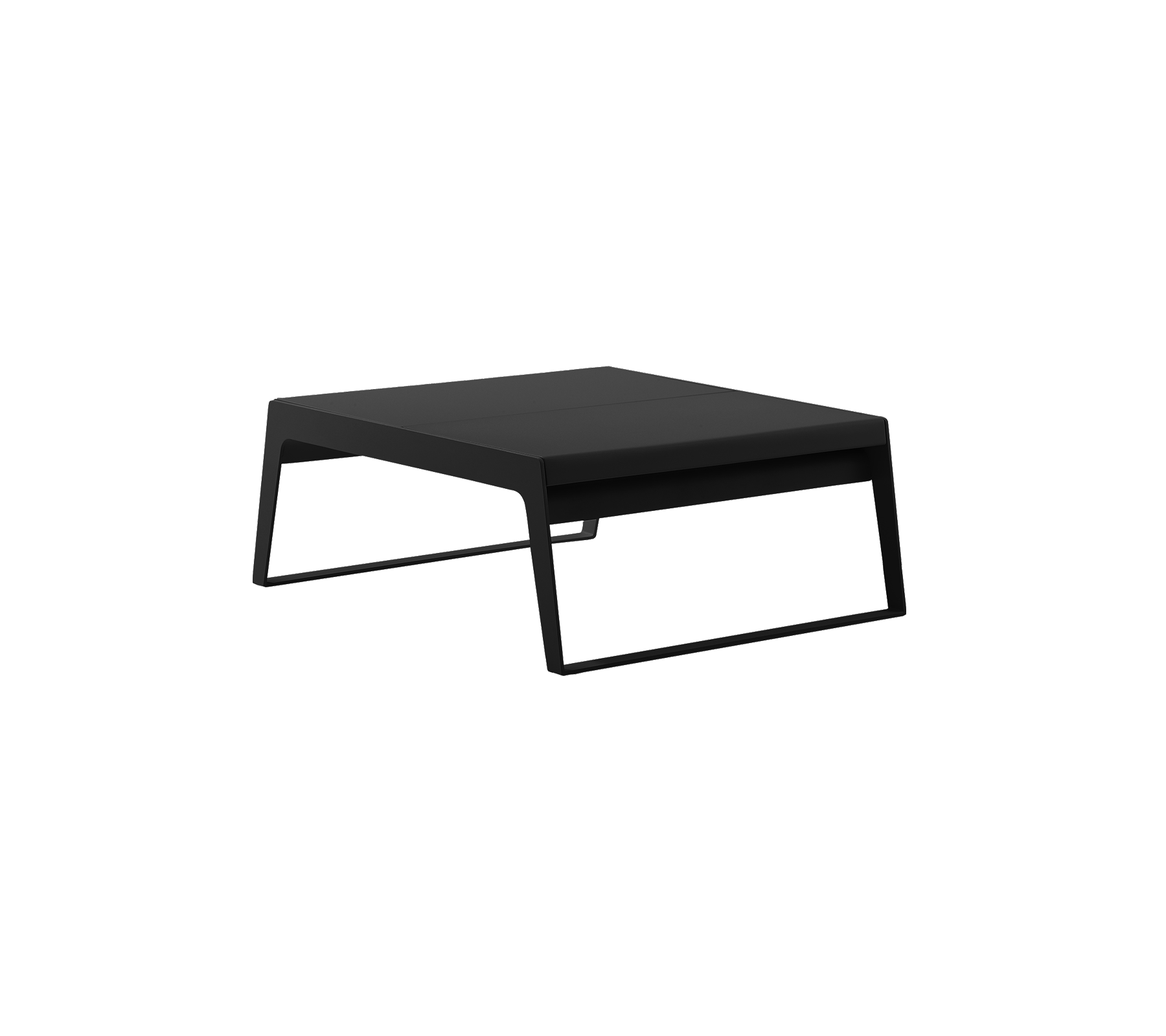 Table noire moderne au design minimaliste, avec une surface plane et des pieds élégants, adaptée à différents environnements.