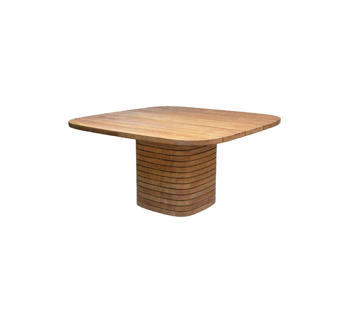 Table à manger carrée en teck avec un design de base unique.