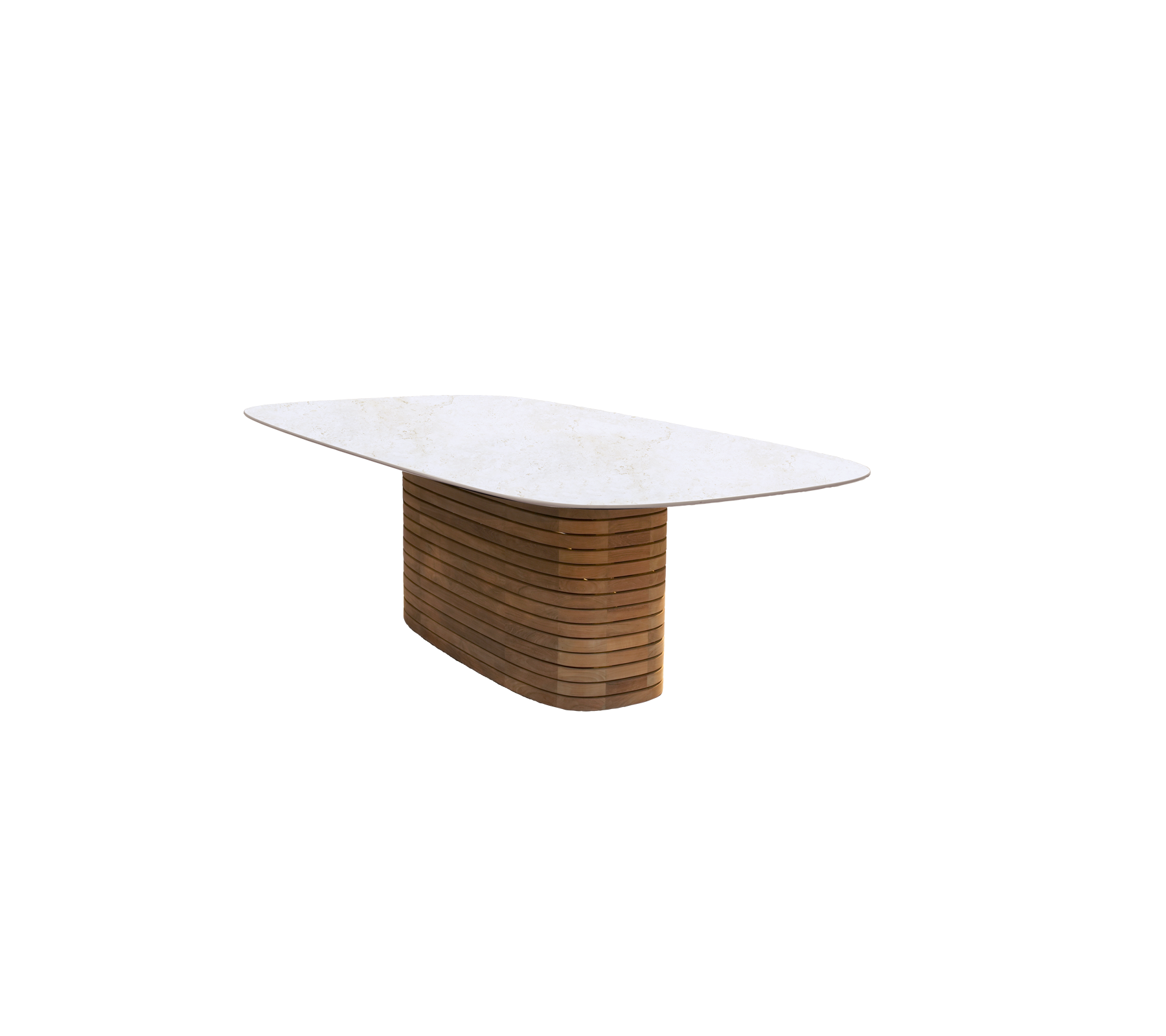 Table à manger moderne avec une base en teck et un plateau au look travertin.
