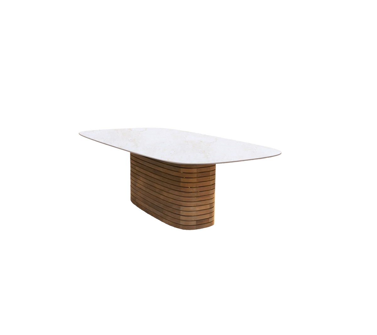 Table à manger moderne avec une base en teck et un plateau au look travertin.