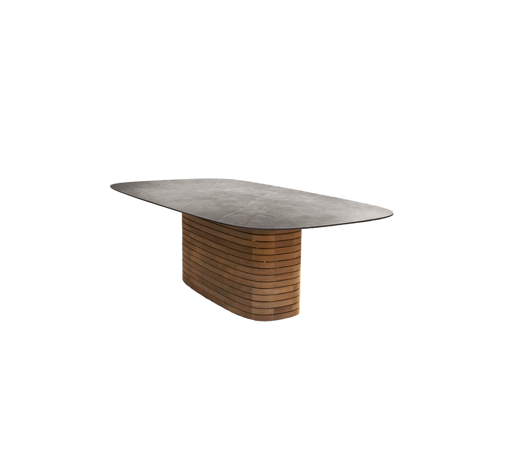 Table en teck avec un plateau lisse et un design de base distinctif.