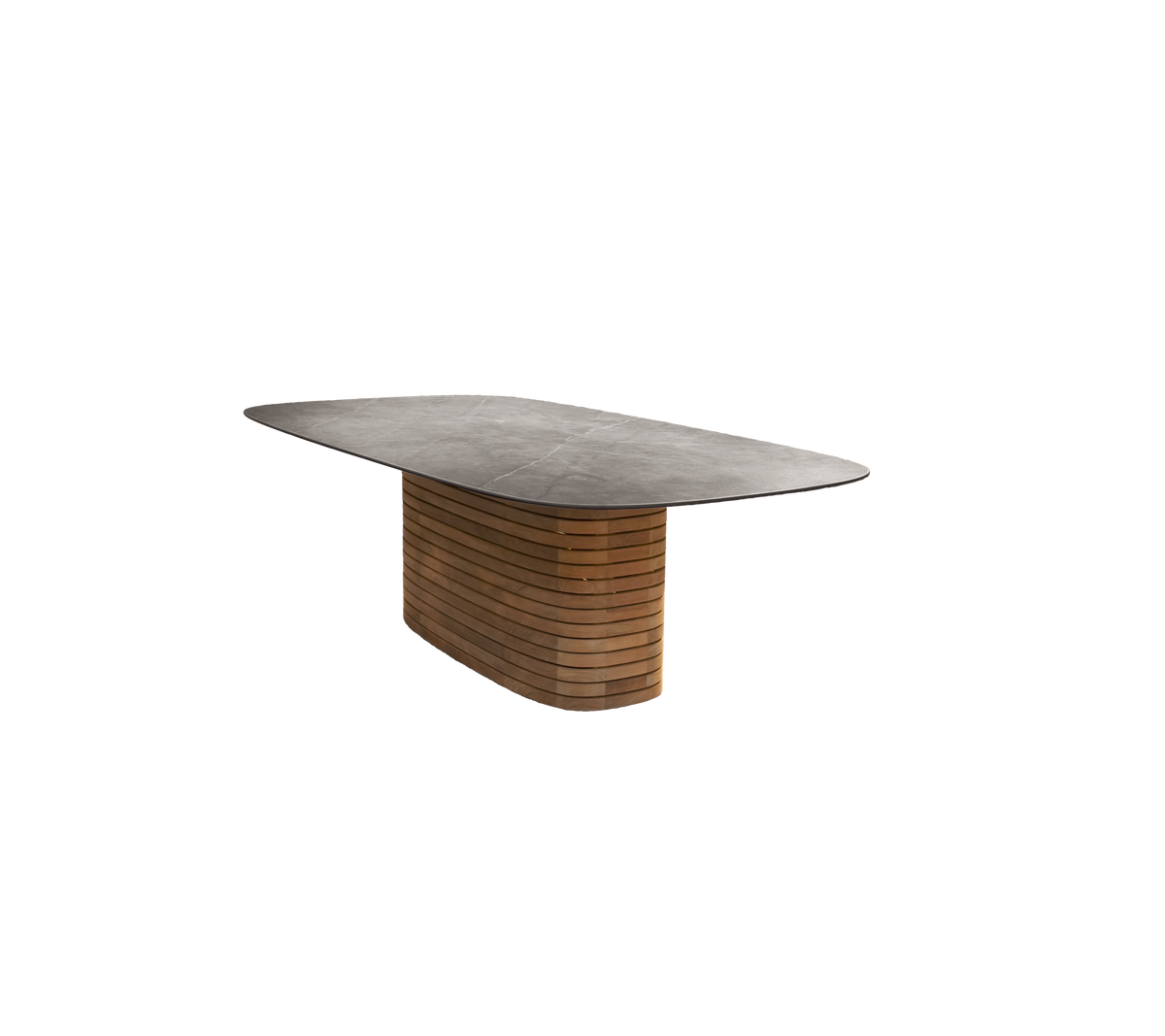 Table en teck avec un plateau lisse et un design de base distinctif.