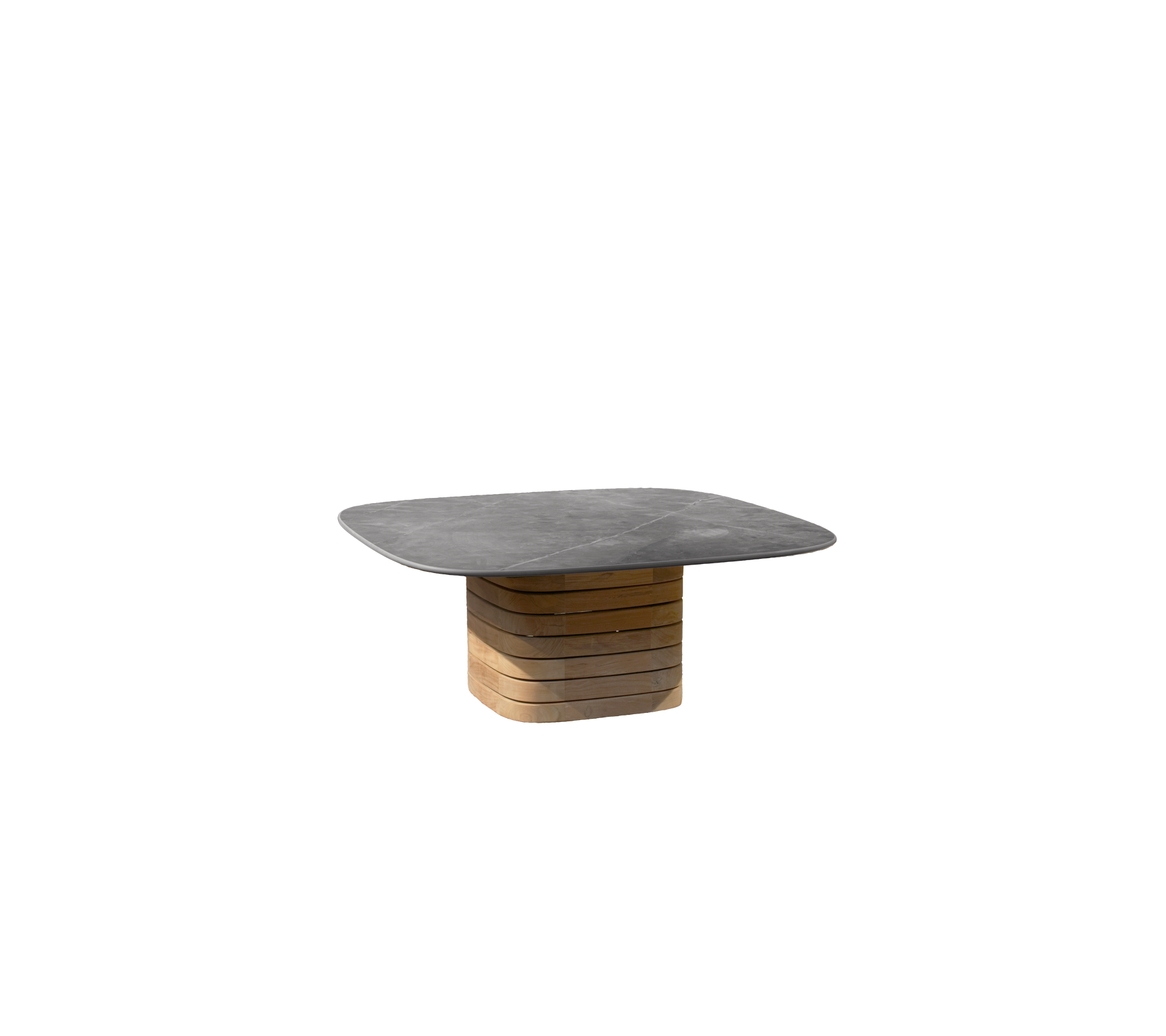 Table grise avec une base en teck au design moderne.