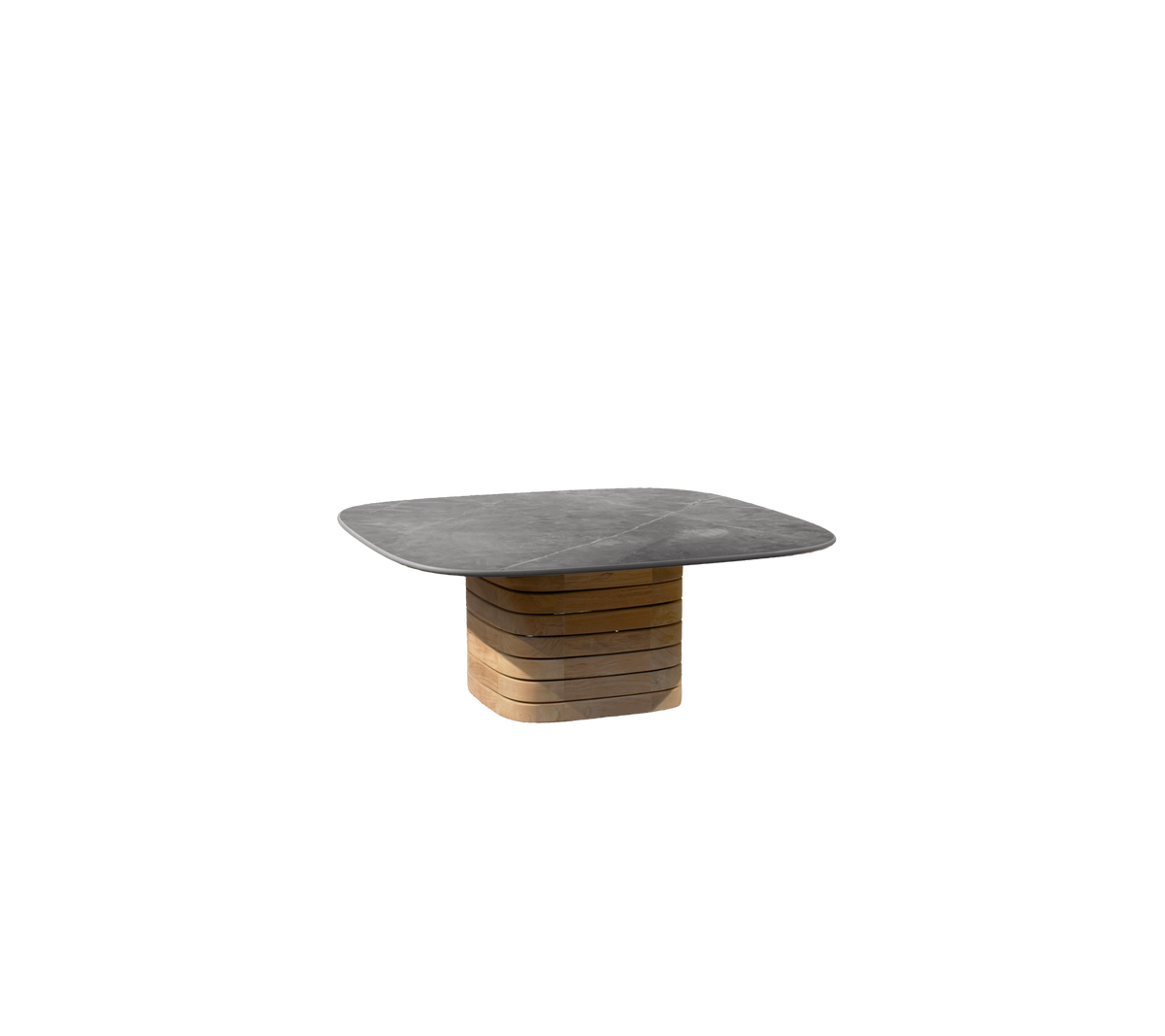 Table grise avec une base en teck au design moderne.