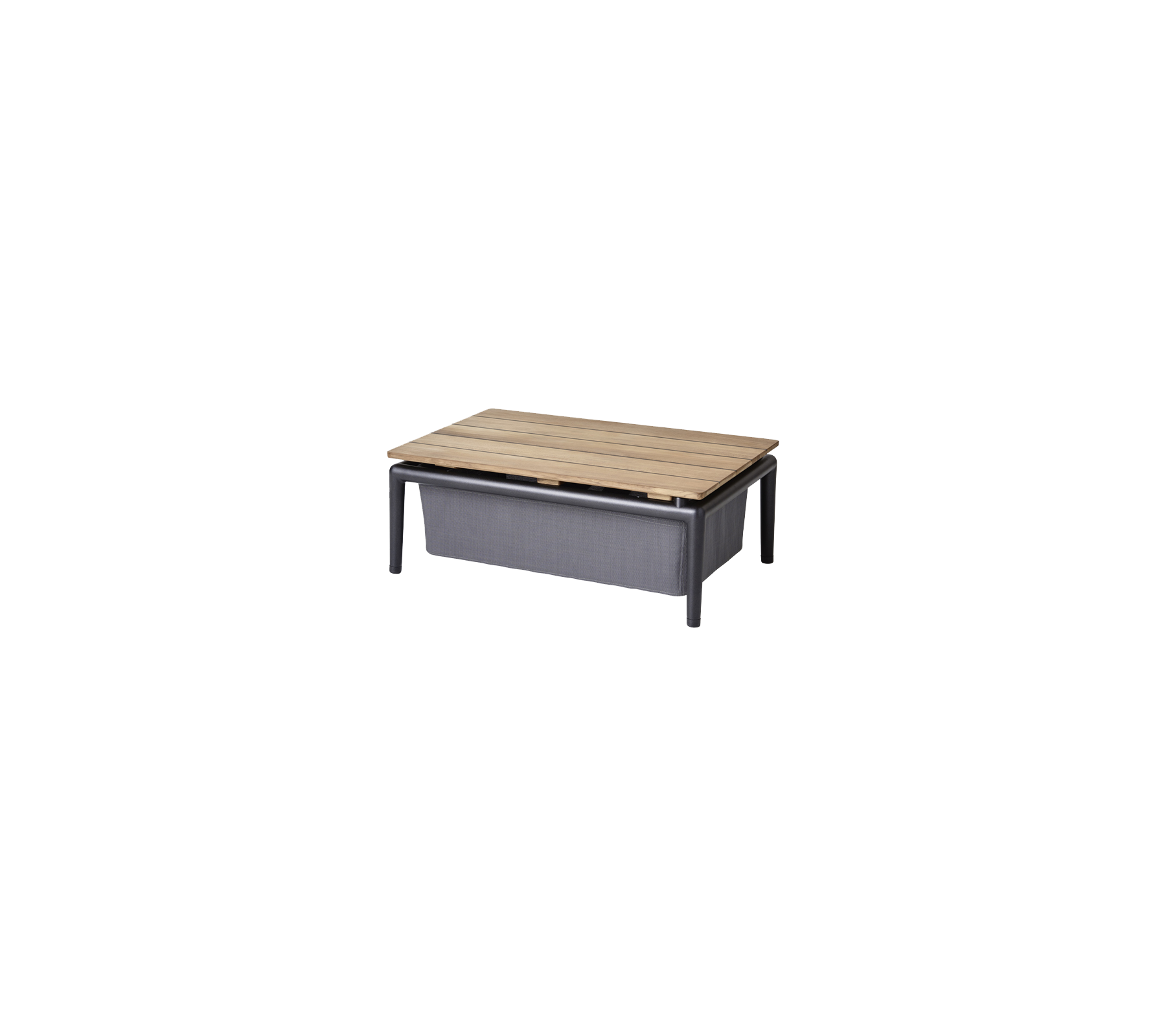 Table basse avec un plateau en bois et un compartiment de rangement, présentant un design minimaliste et des couleurs contrastantes.
