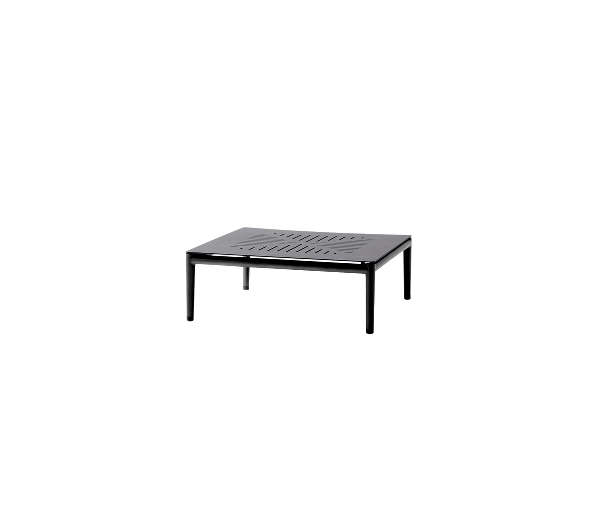 Table noire carrée avec un dessus à lattes et des pieds robustes, adaptée à divers environnements et usages.