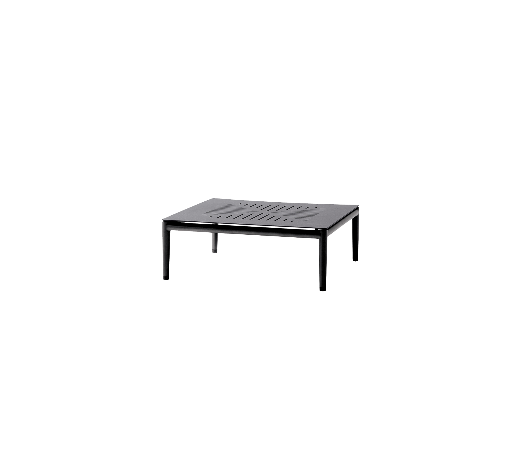 Table noire carrée avec un dessus à lattes et des pieds robustes, adaptée à divers environnements et usages.