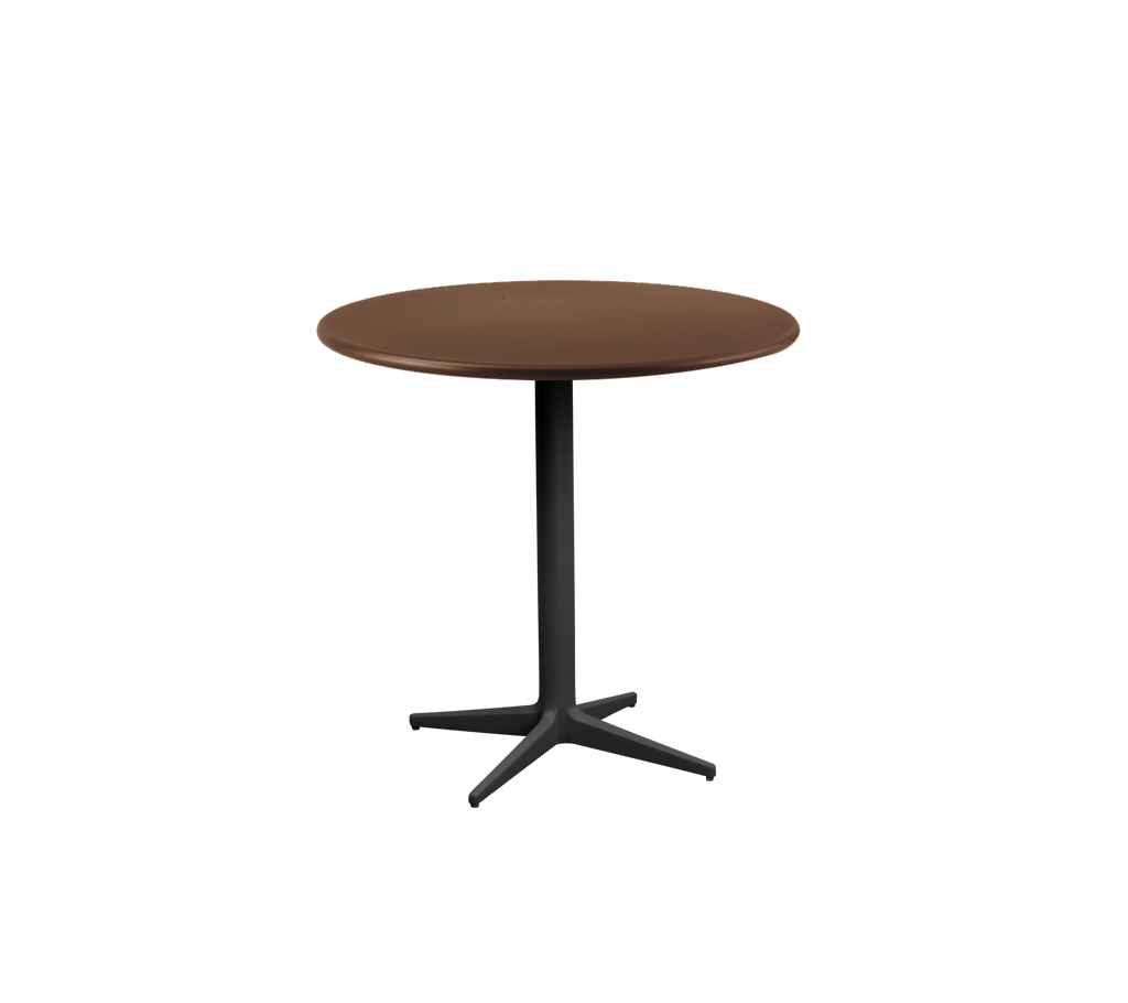 Table brune ronde avec une base noire.