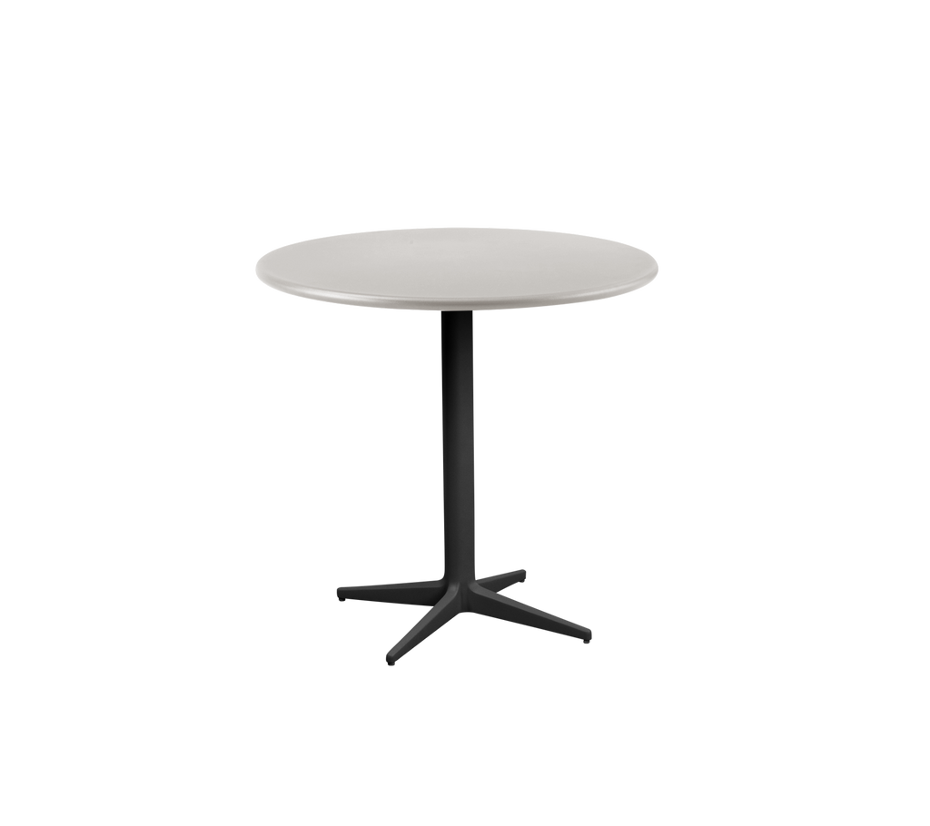 Table moderne grise avec un plateau rond et une base noire.
