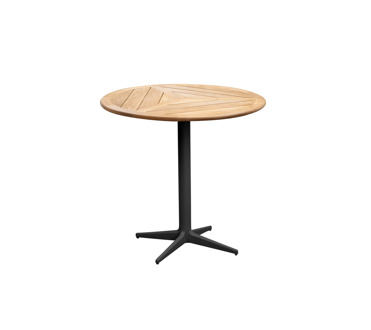 Table ronde en bois avec un dessus en lattes et une base noire robuste, parfaite pour des rassemblements informels ou une décoration esthétique.