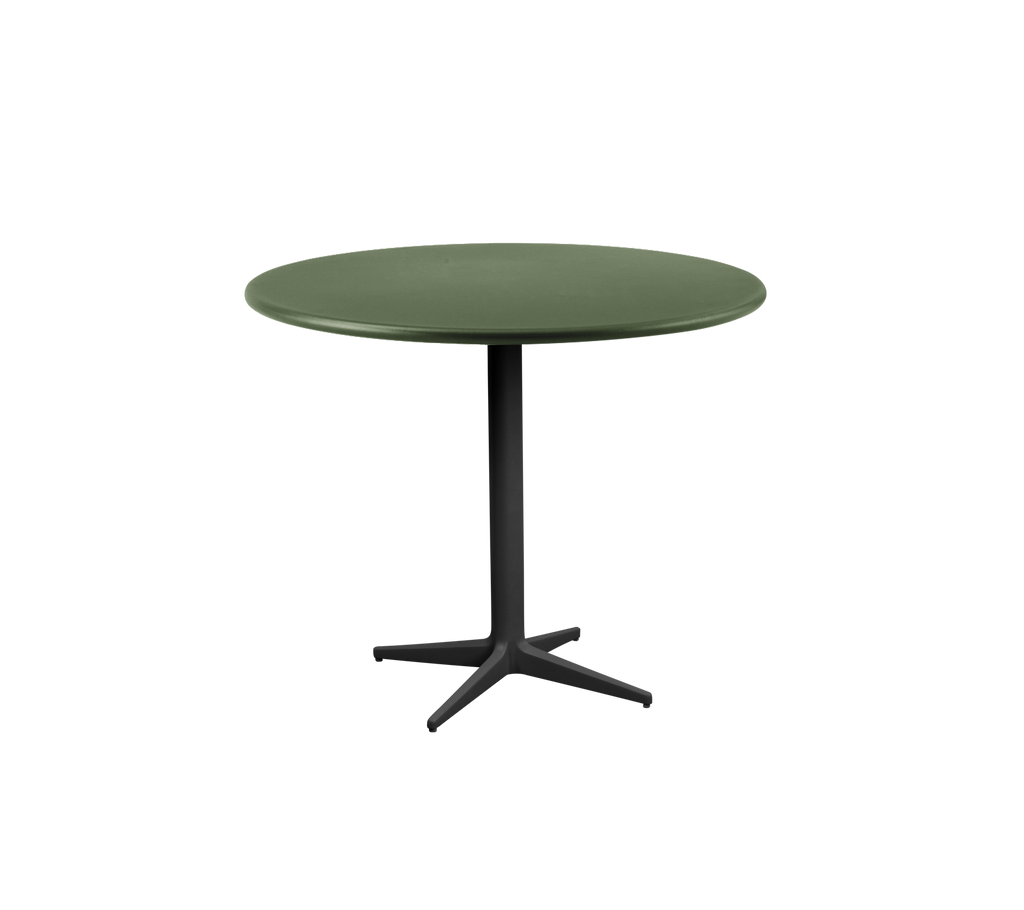 Table ronde vert foncé avec un pied noir.