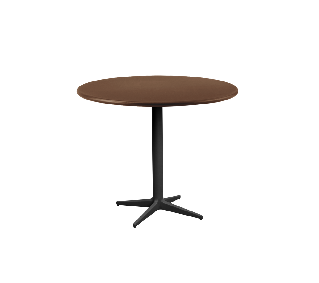 Table ronde moderne en marron avec un pied noir.
