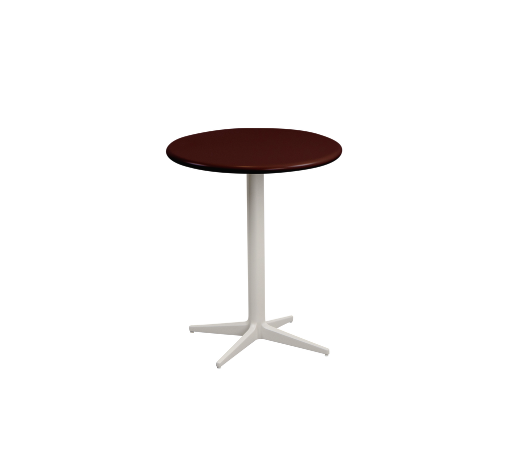 Table ronde bourgogne avec une base blanche.