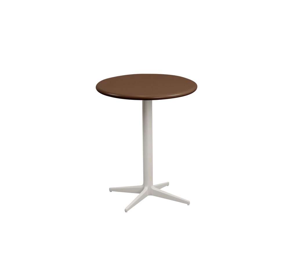 Table ronde marron avec un pied blanc.