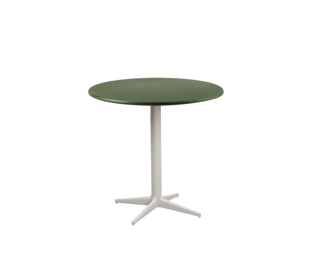 Table ronde verte avec une base blanche.