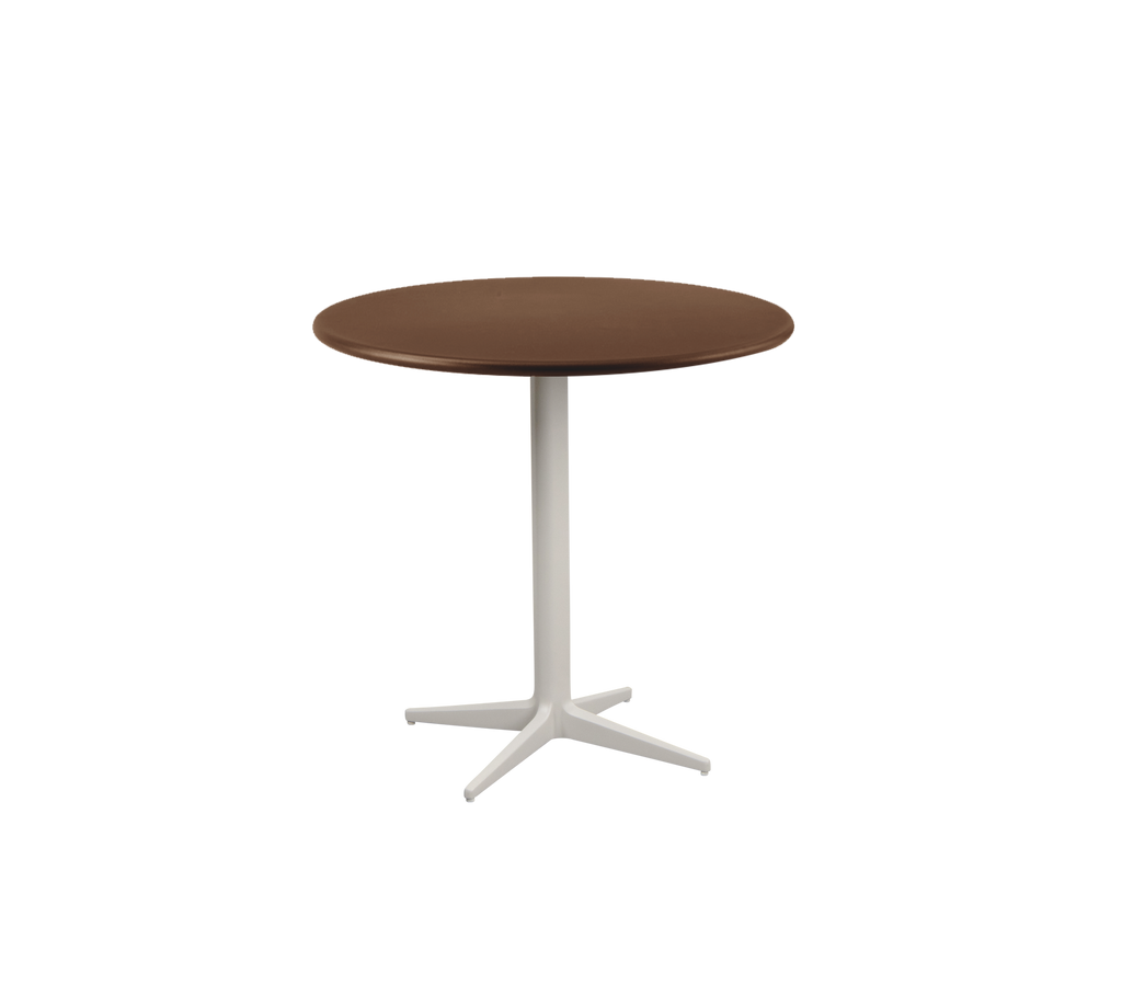 Table ronde marron avec une base blanche.