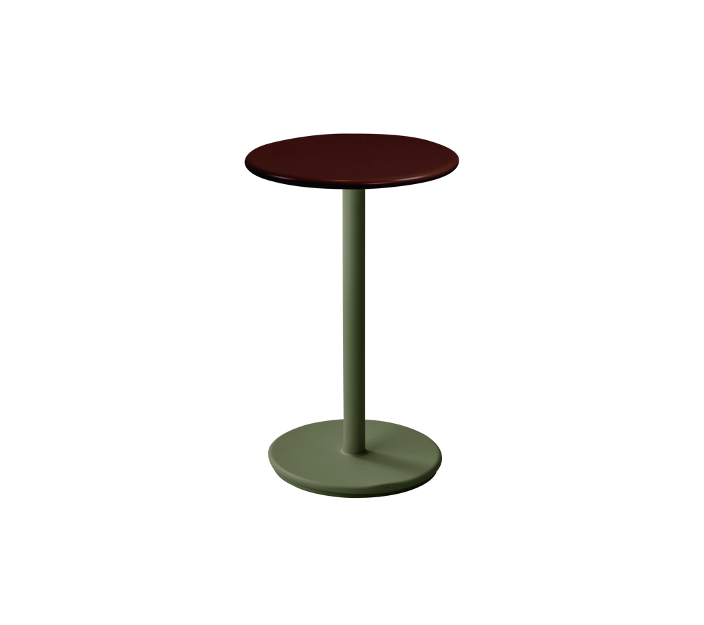 Une table avec un dessus bourgogne et une base vert foncé.