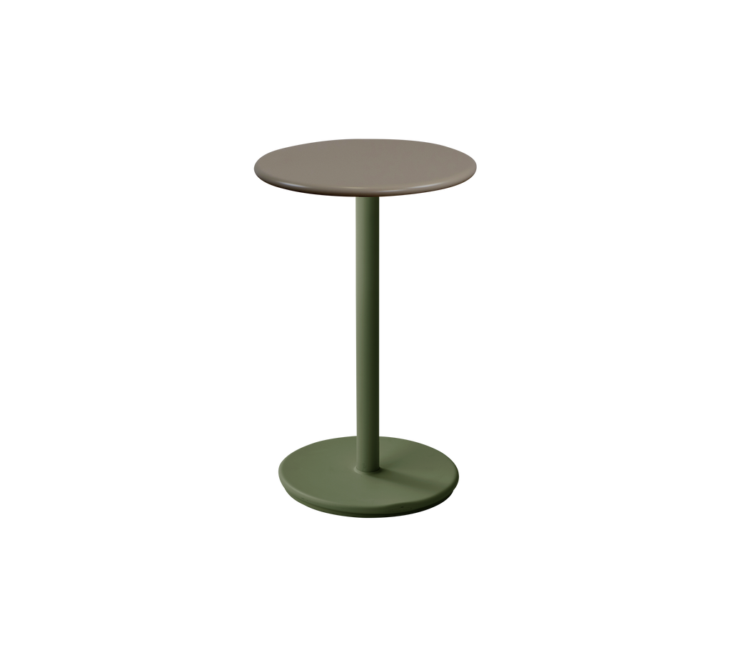 Table moderne avec une base vert foncé et un dessus taupe.