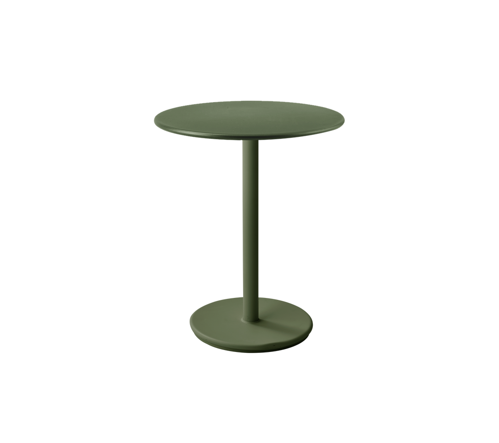 Table moderne vert foncé avec un plateau et une base ronds simples.