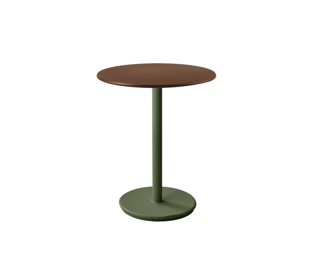 Table ronde avec un plateau marron et une base de piédestal verte foncée.