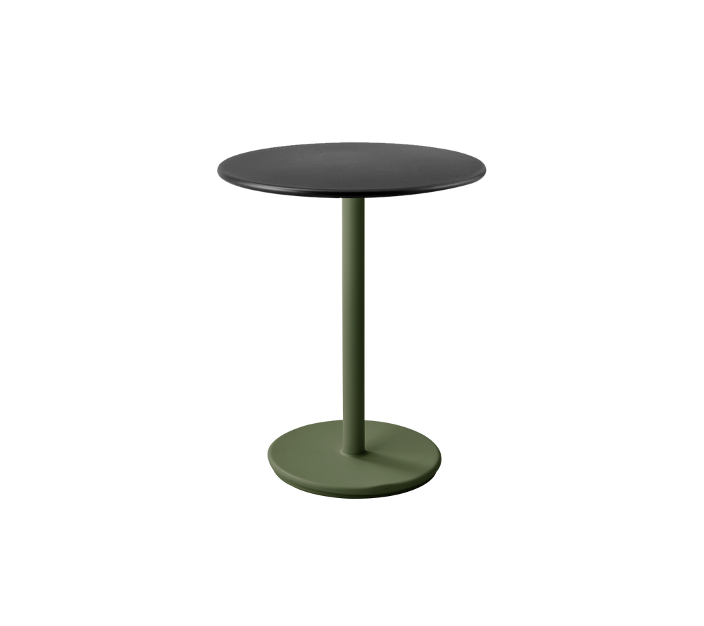 Table moderne avec une base vert foncé et un plateau gris lave dans un design contemporain.