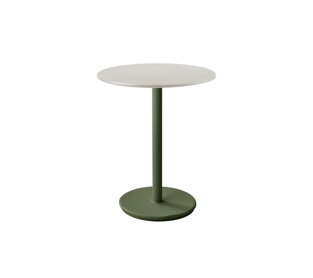 Table moderne avec une base vert foncé et un dessus clair.