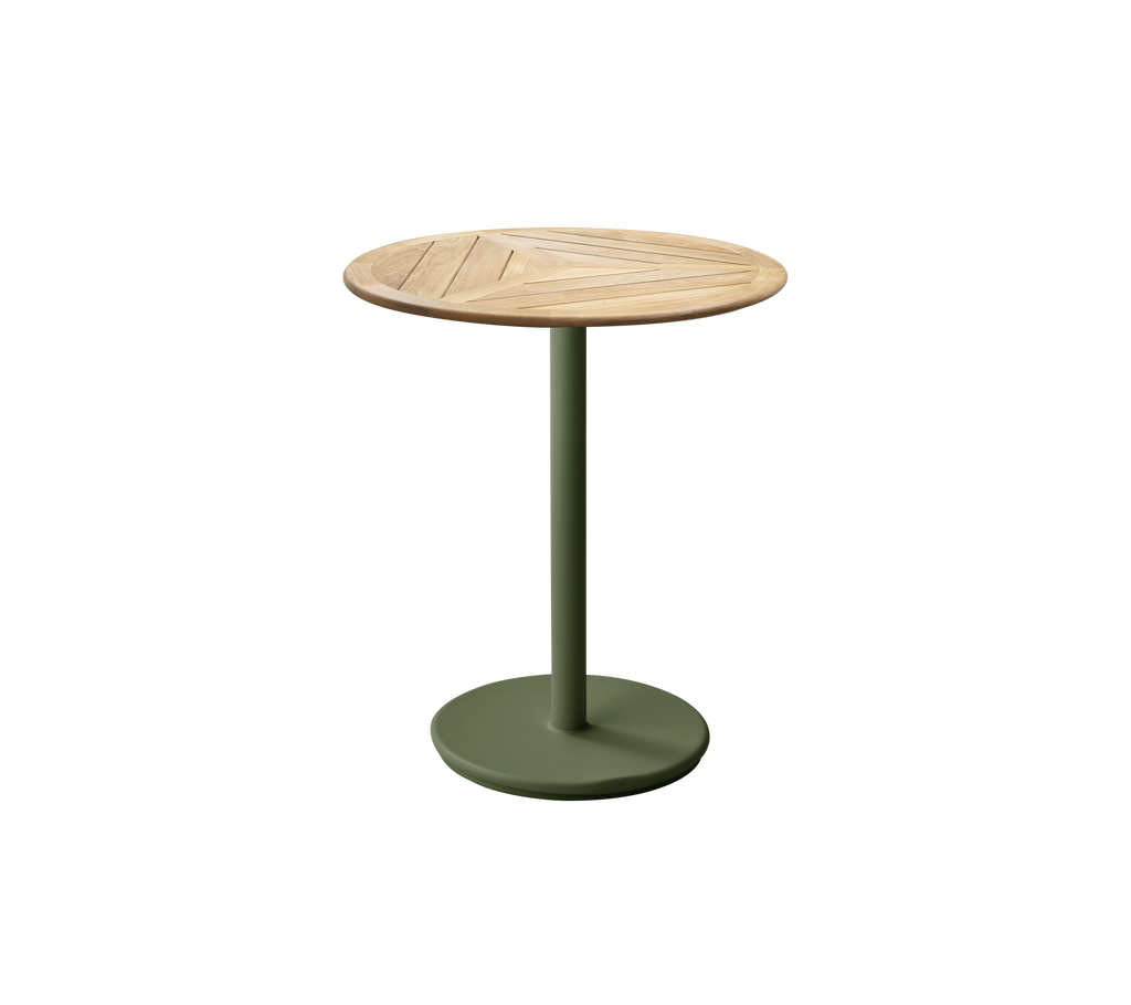 Table moderne vert foncé avec un plateau en teck.