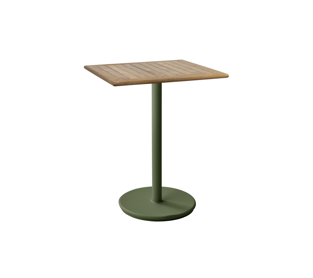 Table carrée avec une base vert foncé et une surface en teck.