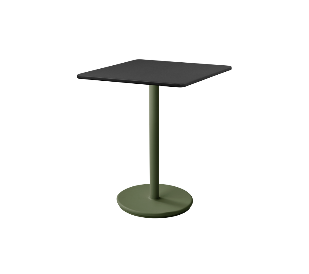Table moderne avec une base vert foncé et un plateau gris lave.