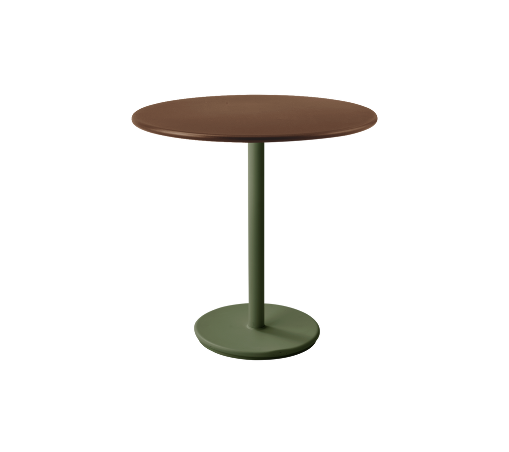 Table ronde avec un plateau rouge désert et une base vert foncé.