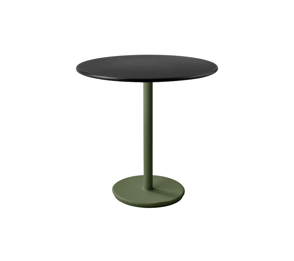 Table moderne avec une base vert foncé et un plateau gris lave.