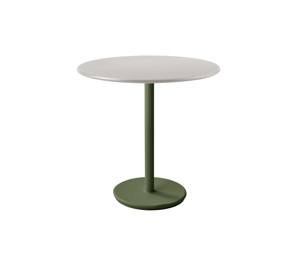 Table ronde moderne avec une base vert foncé et un plateau clair.