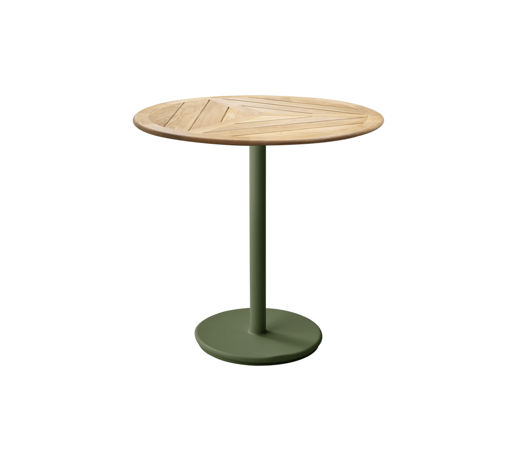 Table ronde moderne avec une base vert foncé et un plateau en teck.